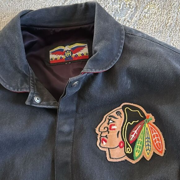 VTG Jeff Hamilton Blackhawks bomber jacket red leather striped sleeves size XL - Picture 4 of 10